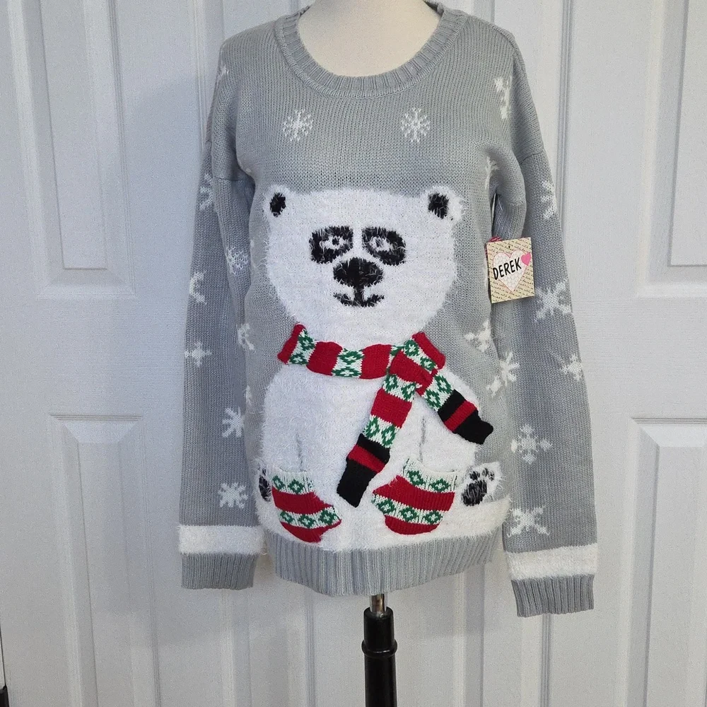 WITH LOVE DEREK CHRISTMAS SWEATER FUZZY POLAR BEAR SCARF & MITTENS